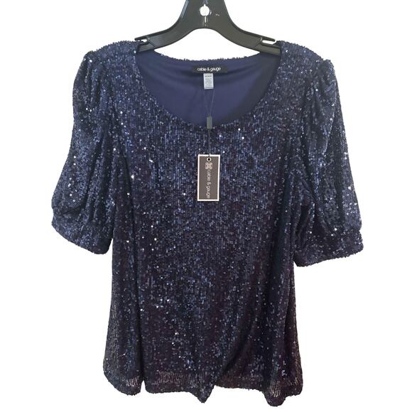 NWT Cable & Gauge Short Sleeve Twilight Blue Sequin Top Size M Polyester Spandex - Picture 1 of 3